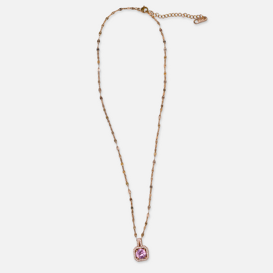 Γυναικείο ατσάλινο μενταγιόν σε ροζ χρυσό χρώμα με τετράγωνο κρεμαστό ροζ ζιρκόν