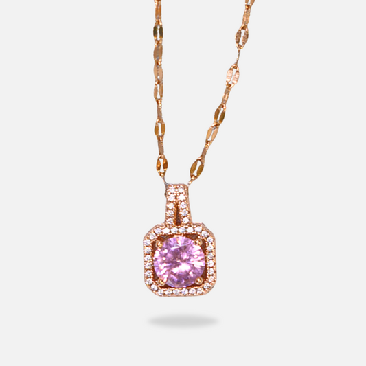 Γυναικείο ατσάλινο μενταγιόν σε ροζ χρυσό χρώμα με τετράγωνο κρεμαστό ροζ ζιρκόν