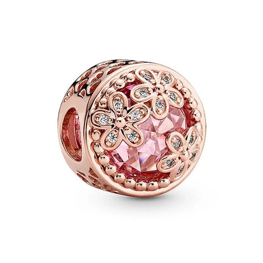 Ροζ χρυσό charm με λουλούδια και ροζ πέτρα