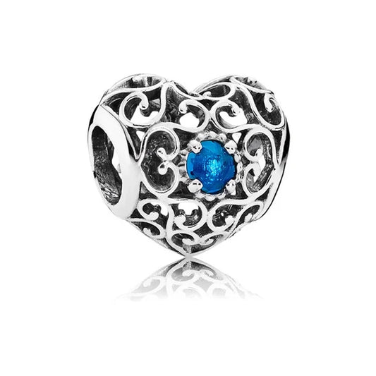 Ασημί charm καρδιά με μπλε ζιργκόν, γενέθλια πέτρα Δεκεμβρίου.