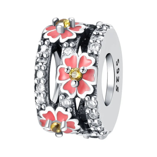 Charm με ροζ λουλουδάκια και κίτρινες πέτρες από ασήμι 925