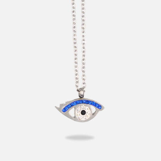 Ασημί Κολιέ με Ματάκι, Μπλε Κρύσταλλα !