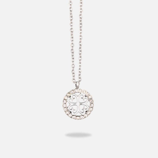Ασημένιο κολιέ με λαμπερό στρογγυλό μενταγιόν διακοσμημένο με διακριτικά κρύσταλλα