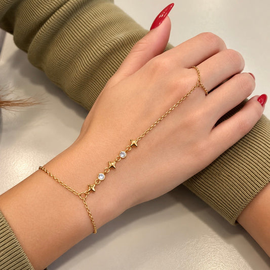 Βραχιόλι hand chain με δαχτυλίδι, αστεράκια και ζιργκόν