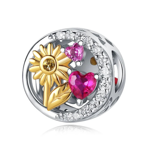 Charm με χρυσό ηλιοτρόπιο και καρδιές από ροζ ζιργκόν – sterling silver 925