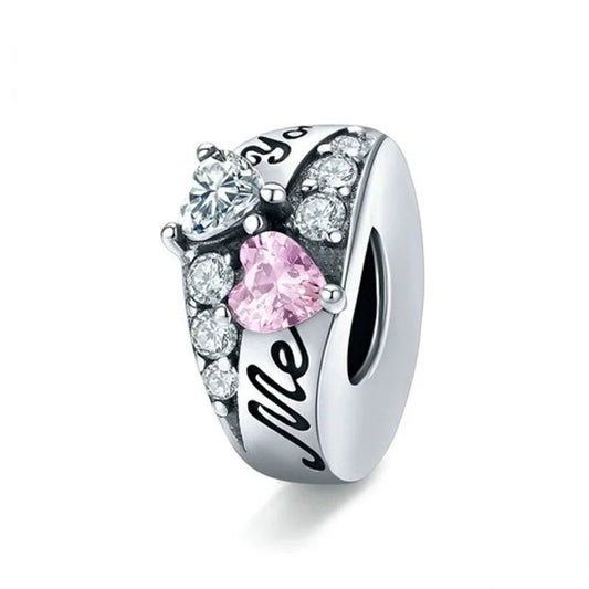 Ασημένιο charm με ροζ και λευκή καρδιά και ζιρκόν