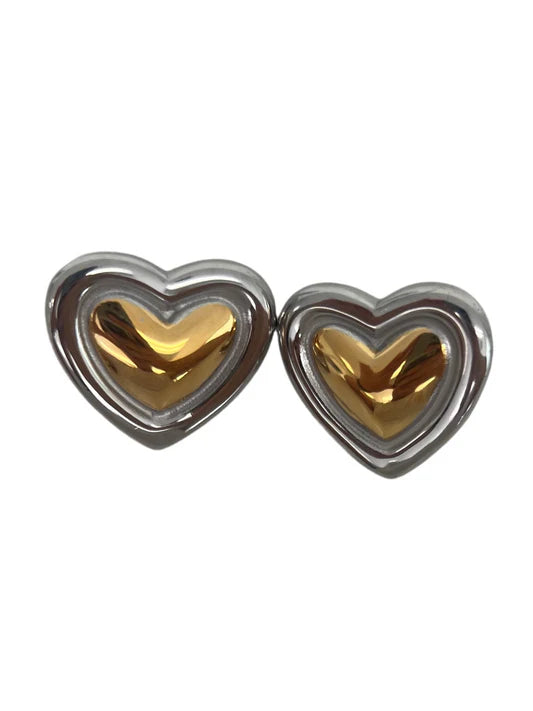 Σκουλαρίκια καρδιά διπλού τόνου χρυσαφί-ασημί