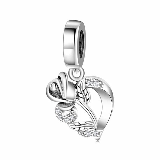 Charm με σχέδιο καρδιά και τριαντάφυλλο σε sterling silver