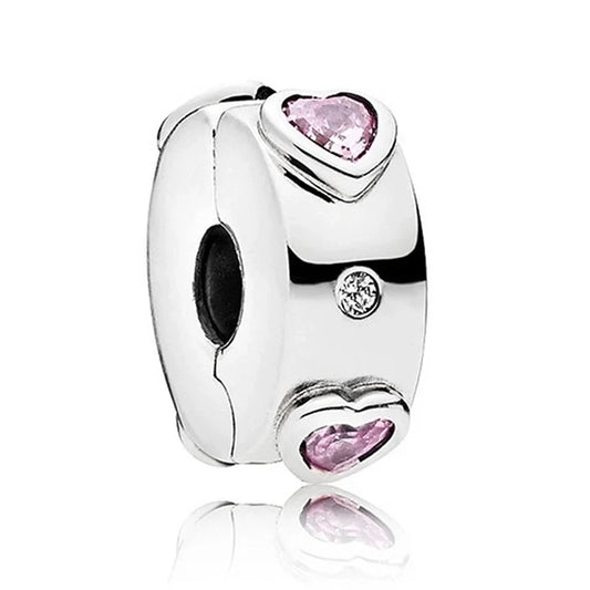 Charm ασήμι με ροζ καρδιές και κρύσταλλο