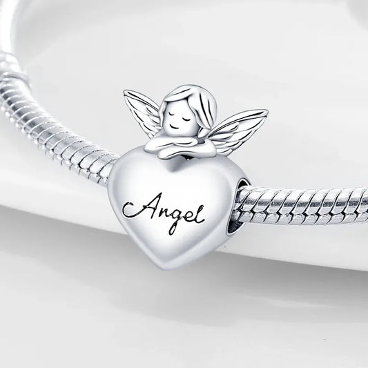 Charm καρδιά με άγγελο και επιγραφή Angel από ασήμι 925