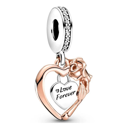 Charm καρδιά με ροζ χρυσό τριαντάφυλλο και ζιργκόν