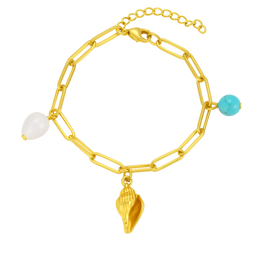 Βραχιόλι με χρυσή αλυσίδα, κοχύλι, πέρλα και τιρκουάζ πέτρα