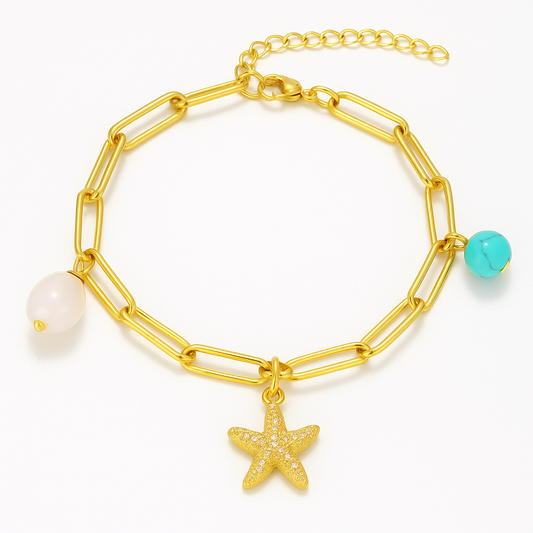 Βραχιόλι με χρυσή αλυσίδα, charm αστερία, λευκή πέρλα και τιρκουάζ πέτρα