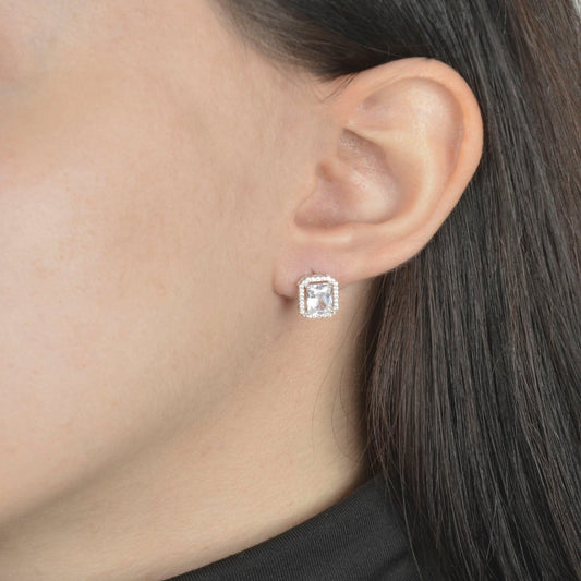 Ασημένια σκουλαρίκια emerald cut με ζιργκόν και λαμπερό πλαίσιο.