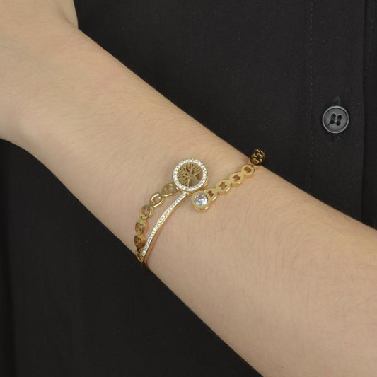 Χρυσό βραχιόλι με Δέντρο της Ζωής, αλυσίδα και ζιργκόν για μοντέρνα και διαχρονική κομψότητα.