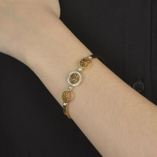 Χρυσό βραχιόλι με Δέντρο της Ζωής και λαμπερά ζιργκόν για διαχρονική κομψότητα.
