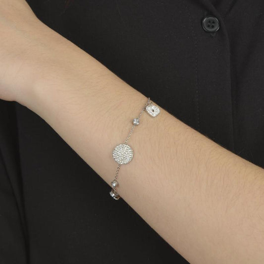 Ασημένιο βραχιόλι με κρεμαστά μοτίφ καρδιά και κλειδί, στολισμένα με ζιργκόν.