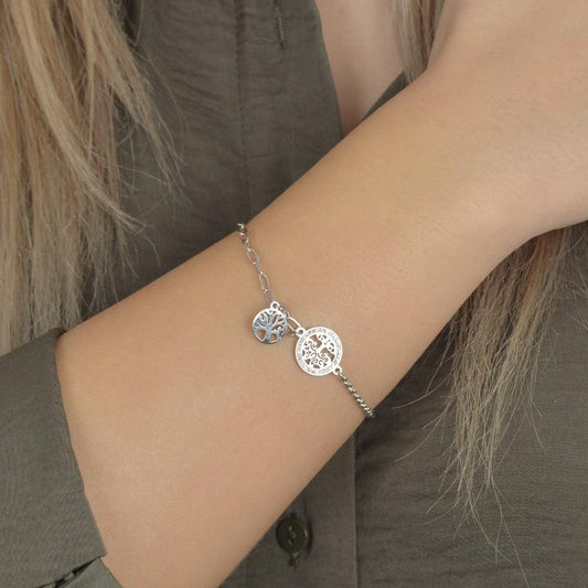 Ασημένιο βραχιόλι με δύο μοτίφ δέντρο της ζωής και λαμπερές λεπτομέρειες.