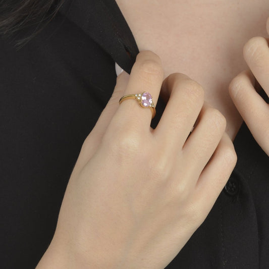 Χρυσό δαχτυλίδι με ροζ πέτρα και ζιρκόν | gold ring with pink stone, elegant romantic jewelry.
