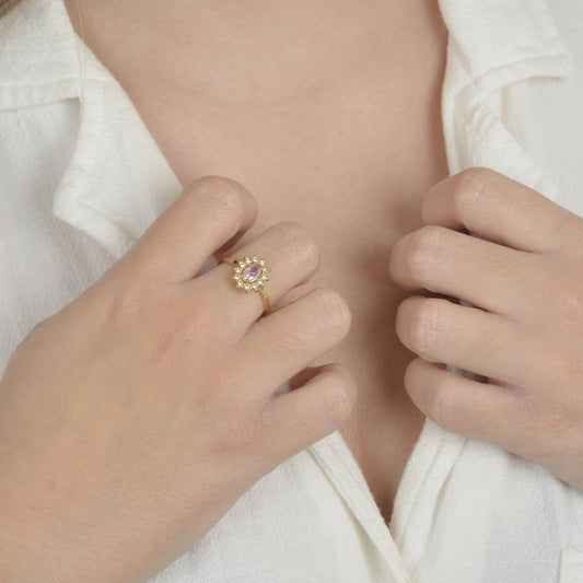 Χρυσό δαχτυλίδι με ροζ πέτρα και ζιρκόν | vintage gold ring with pink stone, elegant jewelry.