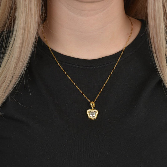 Κολιέ σε χρυσό τόνο με μενταγιόν αρκουδάκι και μαύρη πέτρα ζιργκόν stainless steel