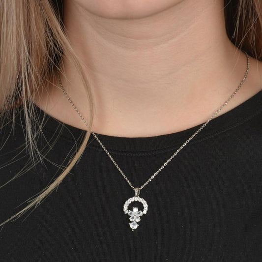 Ασημένιο κολιέ με μενταγιόν στεφάνι από ζιργκόν και ροζ πέτρα