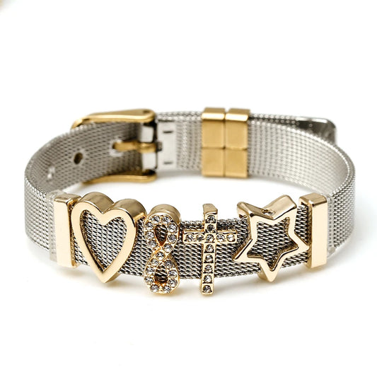 Ασημί βραχιόλι με χρυσά charms καρδιά σταυρό αστέρι και σύμβολα
