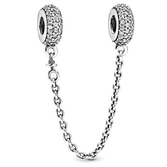 Ασημί stopper charm με αλυσίδα και λευκά ζιργκόν