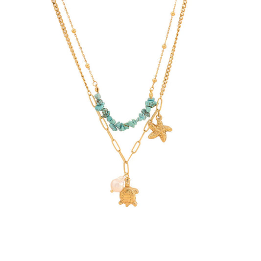 Κολιέ με χρυσή αλυσίδα, τιρκουάζ πέτρες και charms αστερία & χελωνάκι