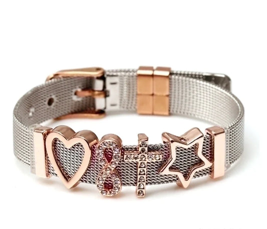 Ασημί βραχιόλι με ροζ χρυσά charms καρδιά σταυρό αστέρι και σύμβολα