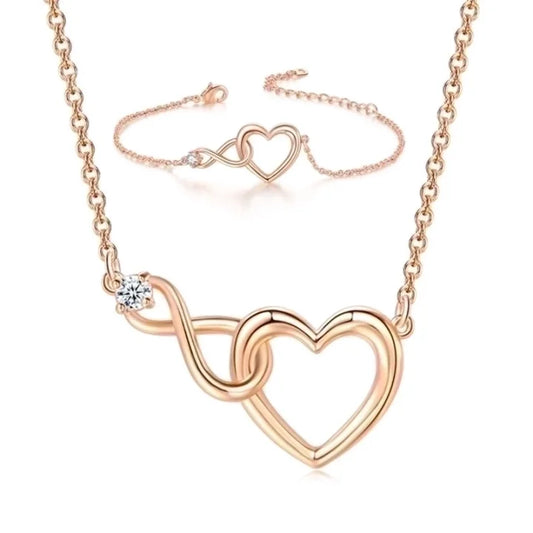 set kolie kai vrachioli rose gold me kardia kai stras