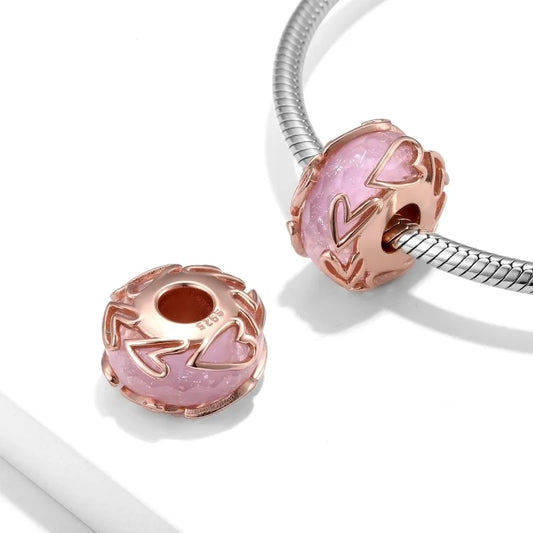 Ροζ charm με καρδιές και σμάλτο σε ροζ επιχρυσωμένο ασήμι 925
