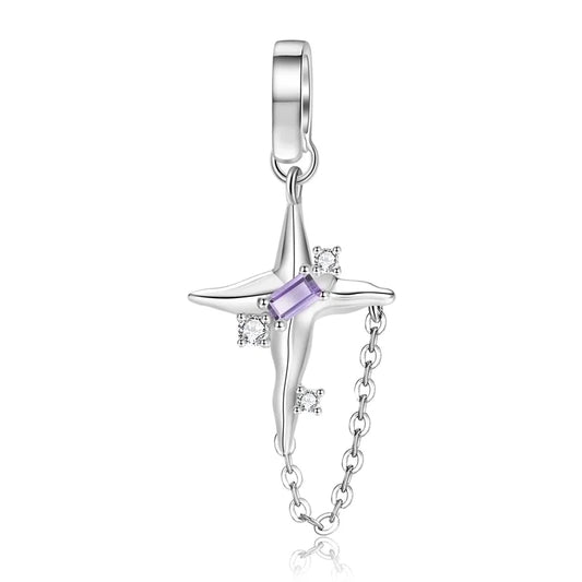 Ασημένιο charm αστέρι με μοβ πέτρα και αλυσίδα