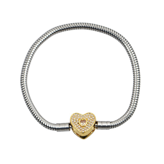 Ασημί βραχιόλι με χρυσή καρδιά και λαμπερά κρύσταλλα charms