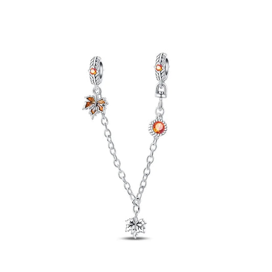 Ασημένια αλυσίδα ασφαλείας με φύλλα και πορτοκαλί πέτρες