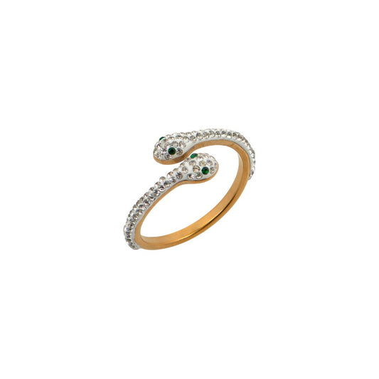 Χρυσό δαχτυλίδι φίδι με ζιργκόν και πράσινες λεπτομέρειες σε stainless steel.