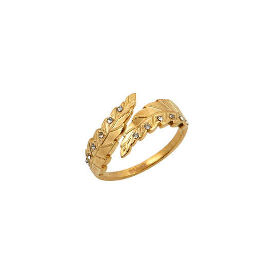 Χρυσό δαχτυλίδι φύλλα με κρύσταλλα | gold leaf ring with crystals, elegant design.