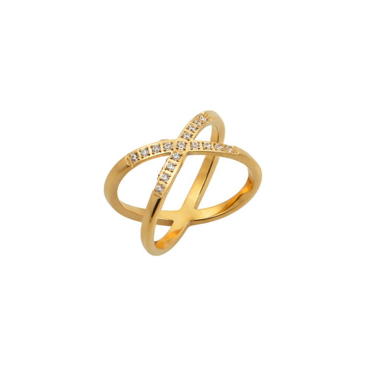 Χρυσό δαχτυλίδι με σταυρωτό σχέδιο και ζιργκόν | gold criss-cross ring, cubic zirconia.