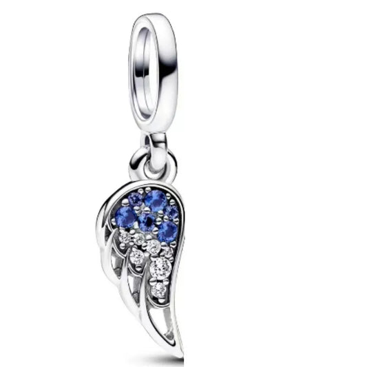 Ασημί Μενταγιόν, Φτερά Αγγέλου με Μπλε & Λευκές Πέτρες – Προστασία και Λάμψη, Sterling Silver 925