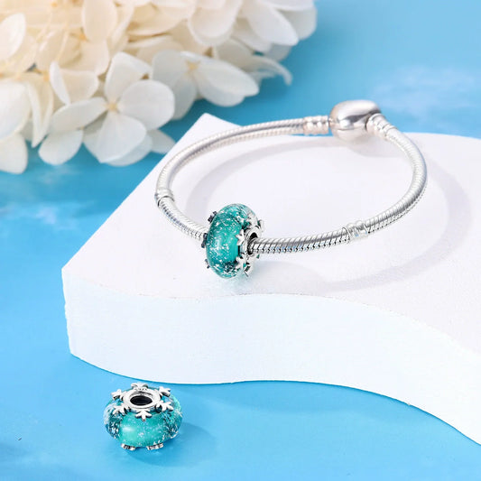 Charm Χιονονιφάδα με Τυρκουάζ Γυαλί – Παγωμένη Λάμψη & Χειμερινή Μαγεία | Sterling Silver 925ι Χάντρες Γοητείας για Βραχιόλι Κολιέ