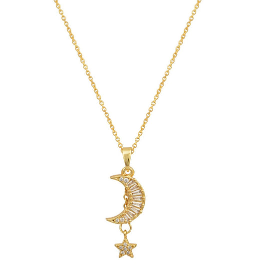 Χρυσό κολιέ με φεγγάρι και αστέρι, στολισμένο με πέτρες, για ρομαντικές και κομψές εμφανίσεις.
