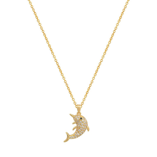 Χρυσό κολιέ με μενταγιόν δελφίνι στολισμένο με ζιργκόν