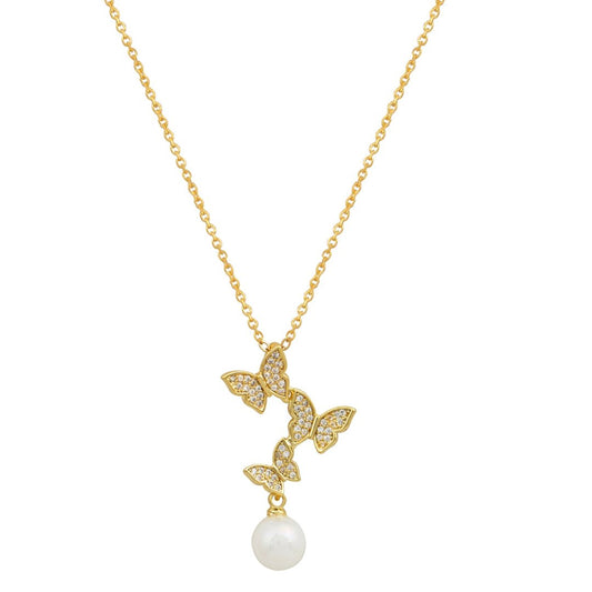 Χρυσό κολιέ με μενταγιόν πεταλούδες και πέρλα.