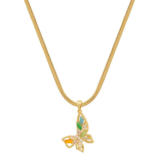Χρυσό κολιέ με μενταγιόν πεταλούδα και πολύχρωμες πέτρες.