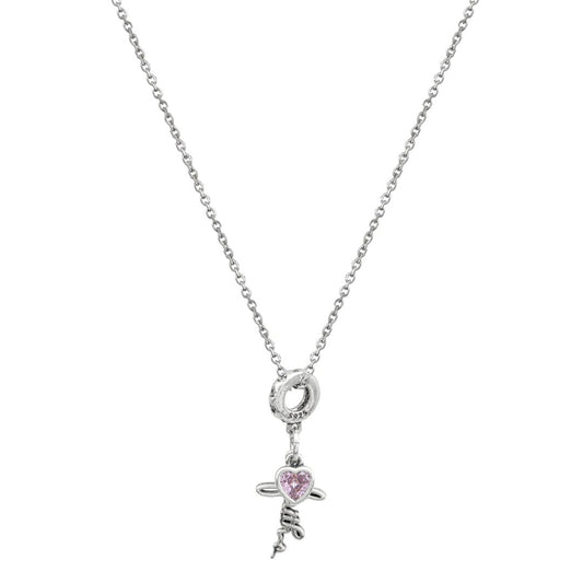 Ασημένιο κολιέ με μενταγιόν "Love" και ροζ καρδιά.