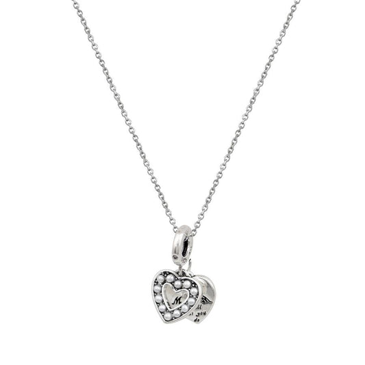 Ασημένιο κολιέ με διπλή καρδιά και πέρλες.