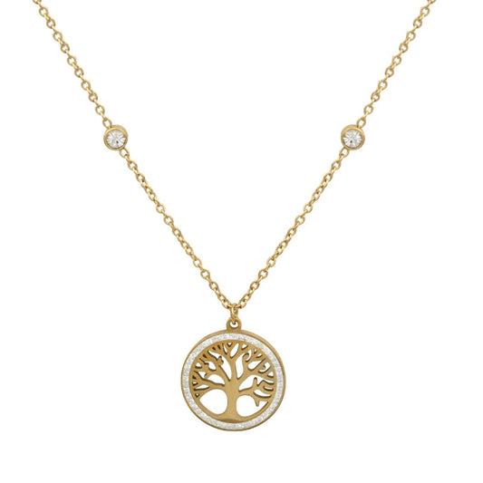 Χρυσό κολιέ με δέντρο ζωής και λαμπερές λεπτομέρειες.