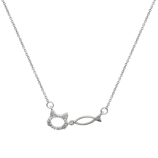 Ασημένιο κολιέ με μενταγιόν ψάρι και γάτα.