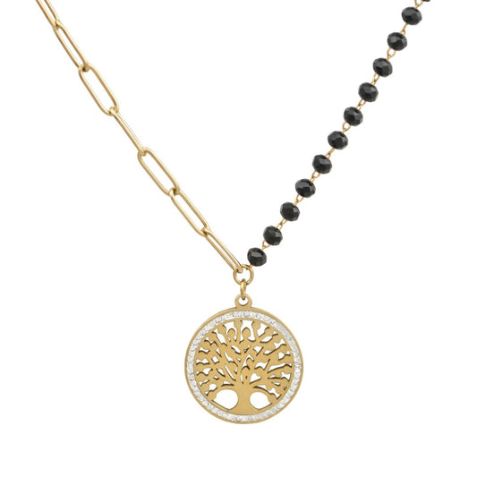 Χρυσό κολιέ με Δέντρο της Ζωής και μαύρες χάντρες.