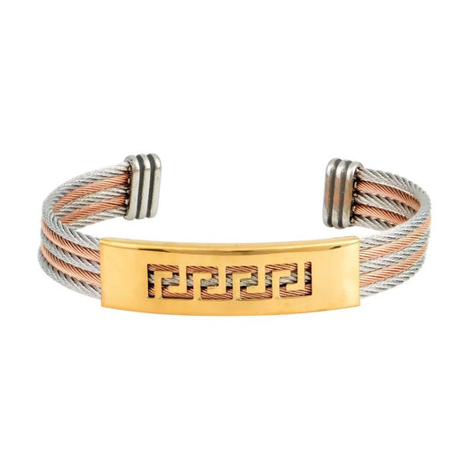 Ανδρικό βραχιόλι cuff σε ασημί, ροζ και χρυσούς τόνους με γεωμετρικό αρχαιοελληνικό μοτίβο.